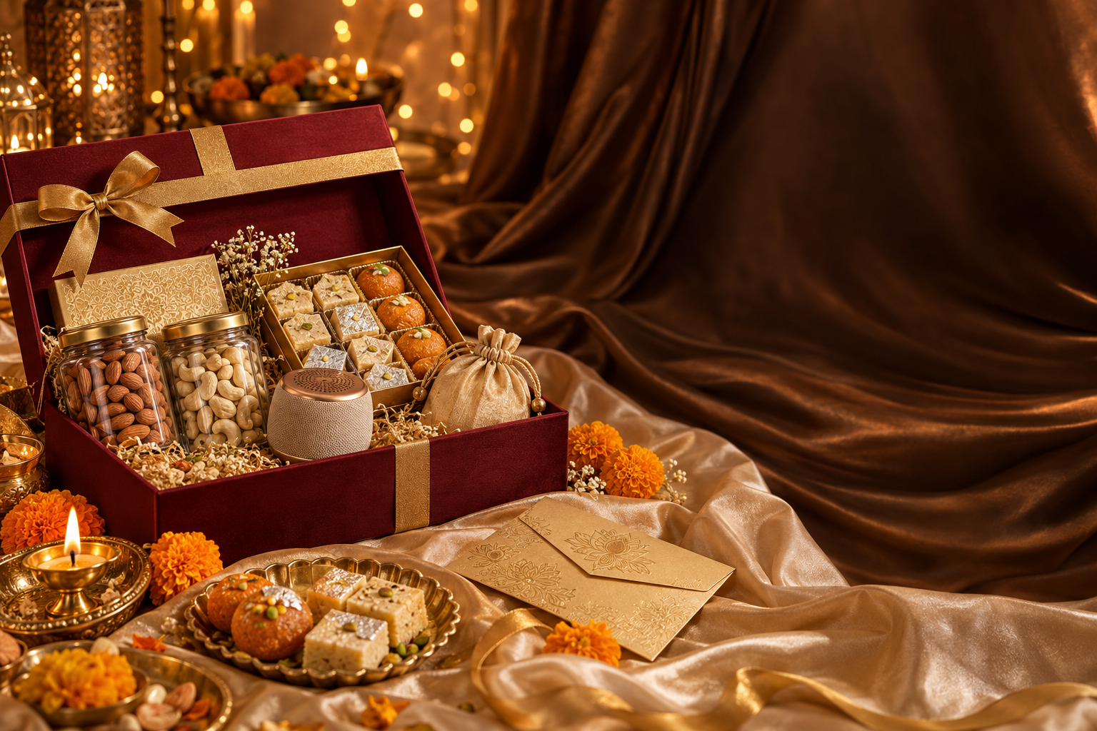 Illustrative Diwali hamper with gourmet treats, gold ribbons and glowing brass diyas