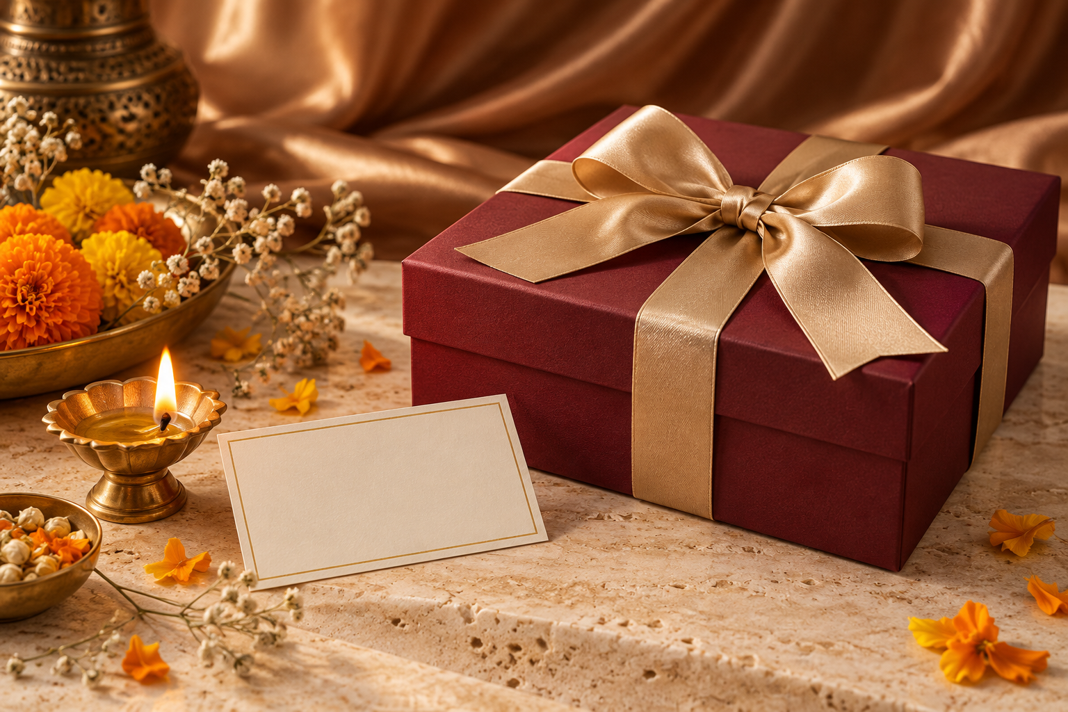 Illustrative burgundy gift packaging with satin ribbon and a greeting card