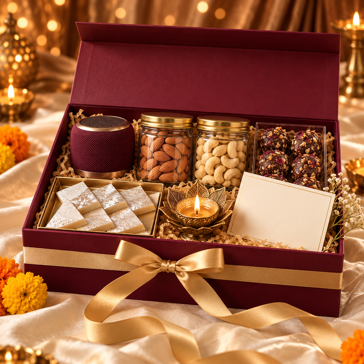 Illustrative burgundy Diwali hamper with gourmet treats and a brass diya